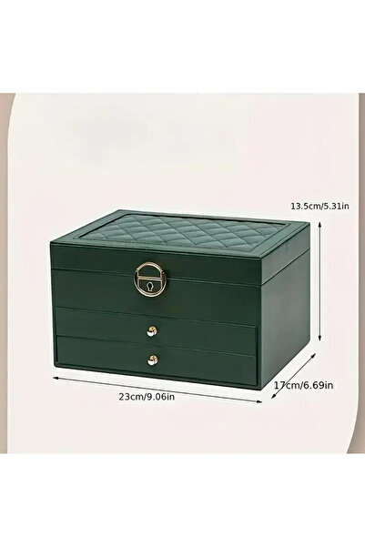 Büyük Hanım Faux Leather Green Jewelry Box with Double Drawer and Key