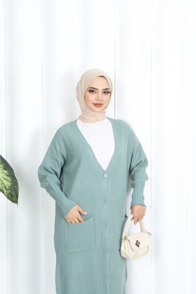 NİSUM MODA Long Knitted Cardigan with Pockets