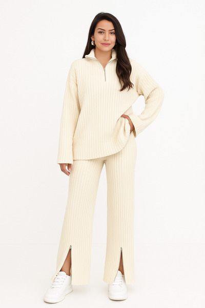 DağdevirenTkstl Women's Zippered Top & Zippered Pants Knitwear Set