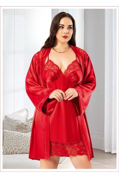 Miss Laris Lingerie طقم ملابس نوم من الساتان مقاس كبير مع روب دانتيل أحمر