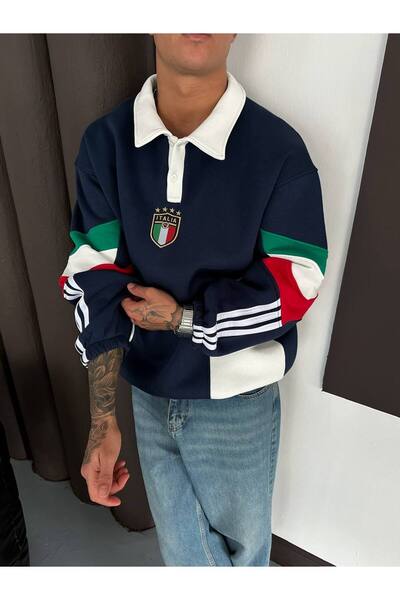 İLKCET MODA Italy O Oversized Buttoned Collar Sweatshirt