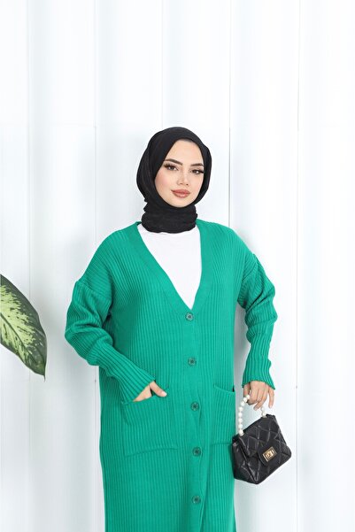 NİSUM MODA Long Knitted Cardigan with Pockets