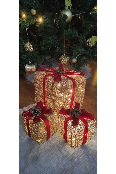 kordelya design مجموعة صندوق هدايا مزخرفة تحت شجرة عيد الميلاد مزودة بإضاءة LED كبيرة مقاس 22x22x22 صغيرة مقاس 12x12x12 سم