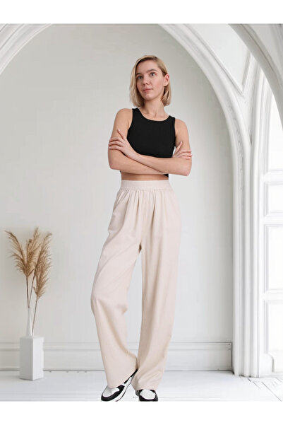Barato Wide Elastic Natural Linen Stone Color Palazzo Pants
