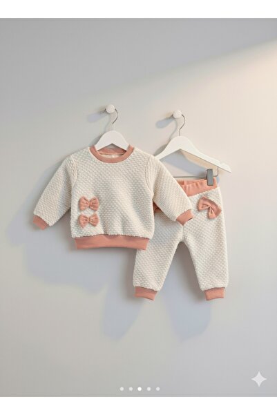 ninnigo Baby Girl Plush Bow Detailed Soft Top and Bottom Baby Set, Set of 2