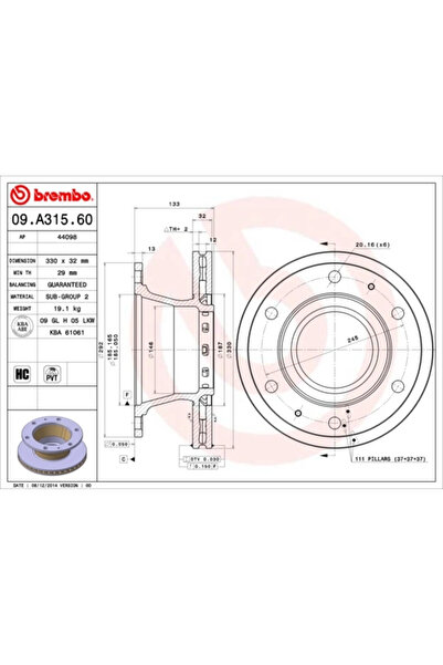 Brembo Спирачен диск Iveco Eurocargo 1-3/Eurocargo 5/Eurofire 2