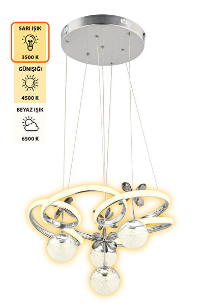 Dekorluna Armoni Kumandalı 3 Renk Işık Özellikli Modern Krom Kaplama Sarkıt Led Avize Salon Avize