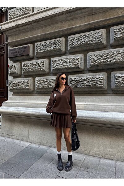 Julidress Coffee Oversized Zippered Sweatshirt and Mini Pleated Skirt Bottom Top Fleece-Lined Sets