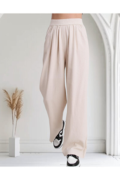 Barato Wide Elastic Natural Linen Stone Color Palazzo Pants