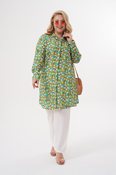 Polologin Butik Small Green Yellow Floral Viscose Tunic