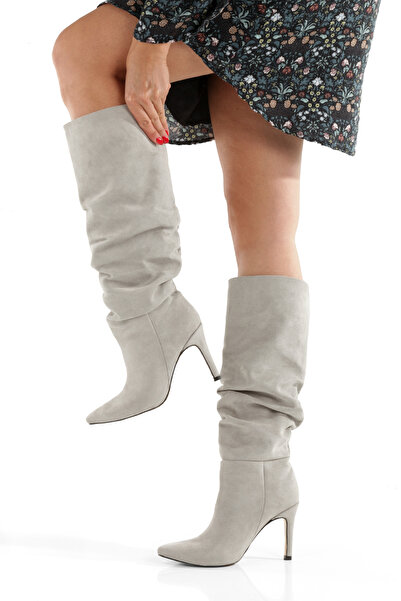 PİMORA ''Eleonora'' Stone Suede Pointed Bellows Pull-On 9 cm Thin Heel Boots New Season