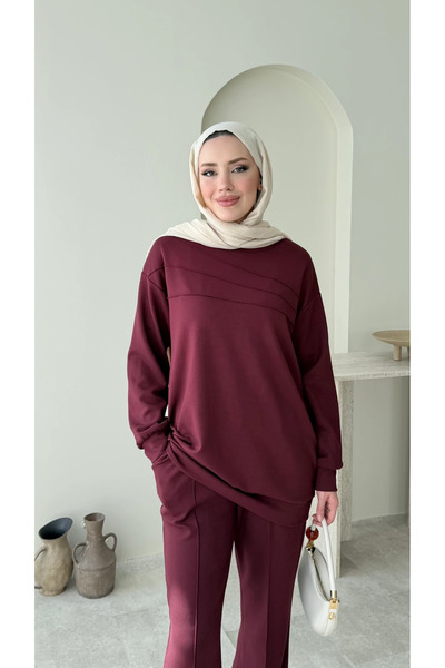 Miraydın Butik Women's Hijab Green Trousers Double Set M7154 - Burgundy