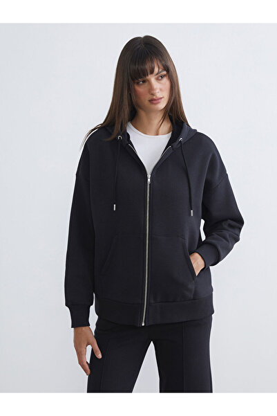 LC Waikiki Black Oversize Women's Thick Zippered Sweatshirt