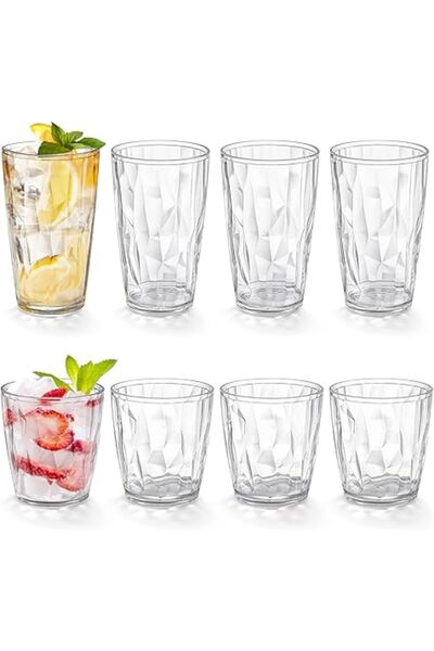 The Bros مجموعة أكواب مياه بلاستيكية من 8 قطع - سعة 500 مل و300 مل، أكواب شفا...