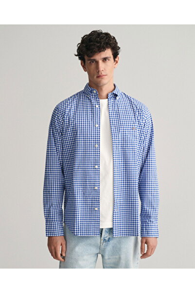 Gant Men's Blue Regular Fit Buttoned Lapel Checked Shirt