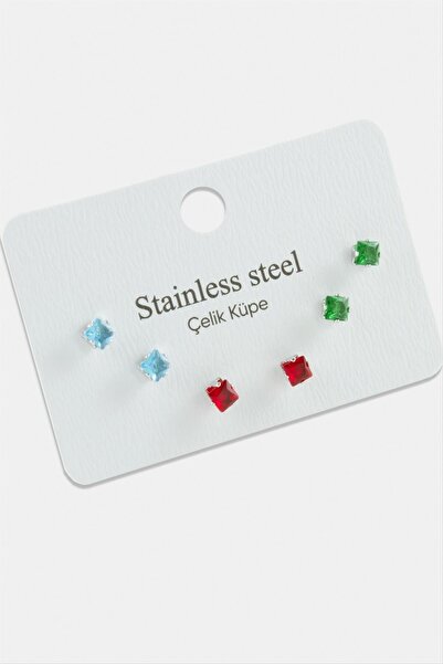 AKSESUARIM 6 Pieces Square Colorful Zircon Single Stone Steel Earrings