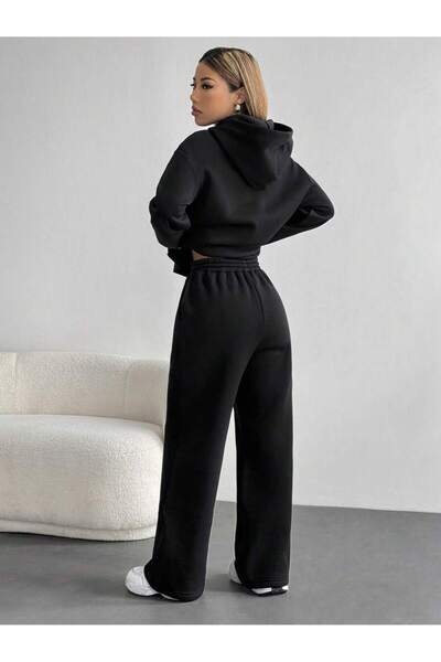 LEONE KOLEKSİYON Women's Black Hooded Two Thread Suit – High Waist Comfortable Fit