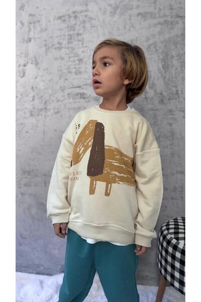 Magu Boys' Cotton Cream Dog Print Sweatshirt and Blue Sweatpants Set - Soft Fabric Comfort