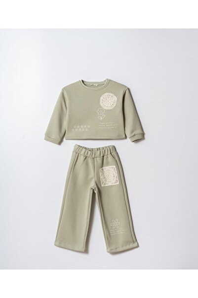 Magu Girl's Cotton Green Lace Appliqued Lettering Printed Tracksuit Set - Wide Leg Two Piece Set