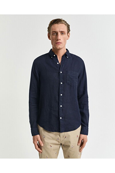Gant Men's Navy Blue Regular Fit Button Collar Linen Shirt