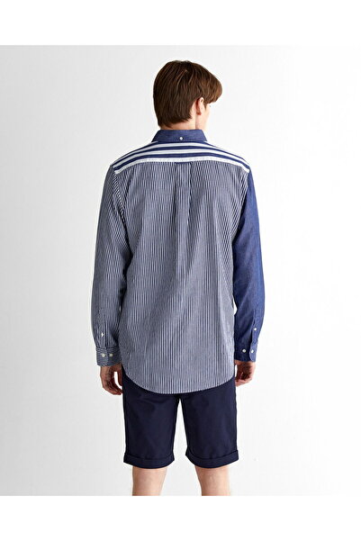 Gant Erkek Mavi Regular Fit Düğmeli Yaka Çizgili Gömlek