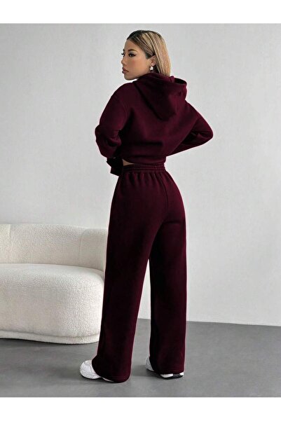 LEONE KOLEKSİYON Women's Burgundy Hooded Two Thread Suit – High Waist Comfortable Fit