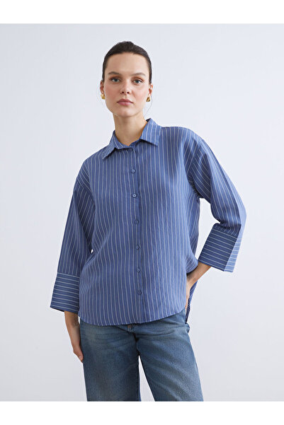 LC Waikiki Indigo Striped Oversize Women's Shirt