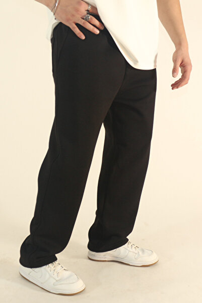 EydaMoon Men's Black Baggy Winter Wool-Lined Puff Fabric Wide-Leg Sweatpants