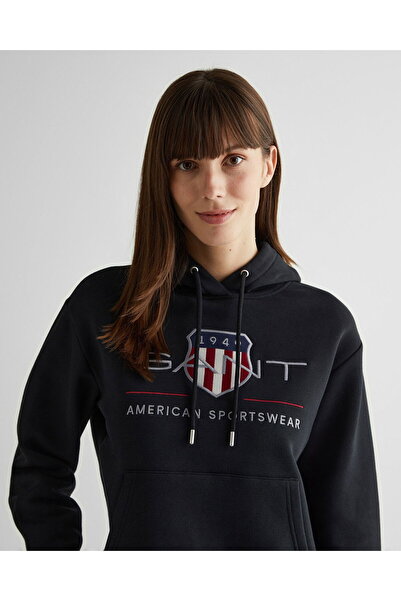 Gant Kadın Siyah Relaxed Fit Kapüşonlu Logolu Sweatshirt
