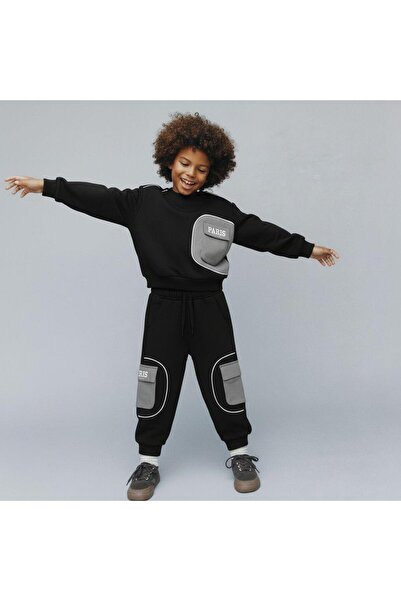 Magu Erkek Çocuk Pamuklu Siyah Gri Cepli Paris Yazılı Eşofman Takımı - Modern İki Parça Set