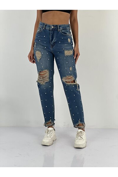 Miss Poem Women's Stone Detailed Navy Blue Denim Jeans