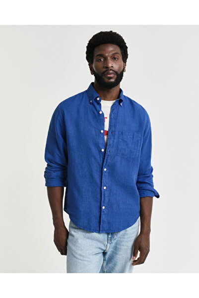 Gant Men's Navy Blue Regular Fit Button Collar Linen Shirt