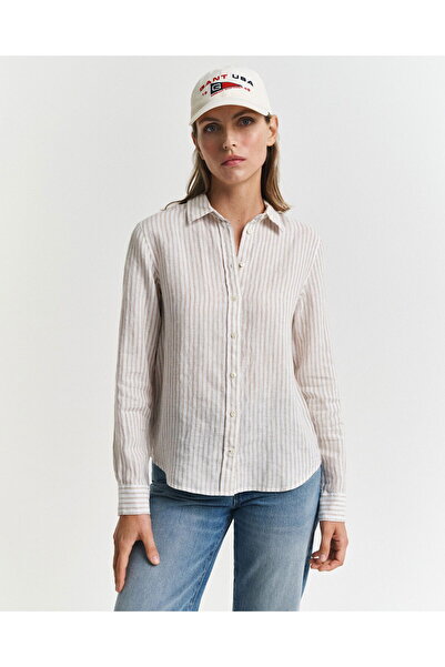 Gant Women's Beige Regular Fit Classic Collar Striped Linen Shirt