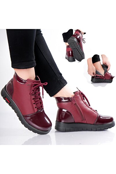 Botinelli Ghete de damă din piele ecologică, cu blană, culoare vișinie, Gadi,...