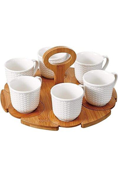 The Bros طقم قهوة مع 6 فناجين بورسلين و6 صحون خيزران مع حامل 90 مل YM71090