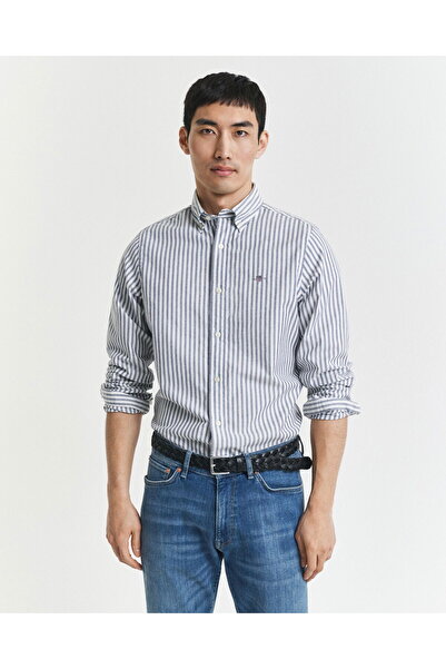 Gant Erkek Mavi Slim Fit Düğmeli Yaka Çizgili Oxford Gömlek