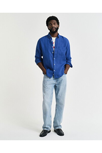Gant Men's Navy Blue Regular Fit Button Collar Linen Shirt