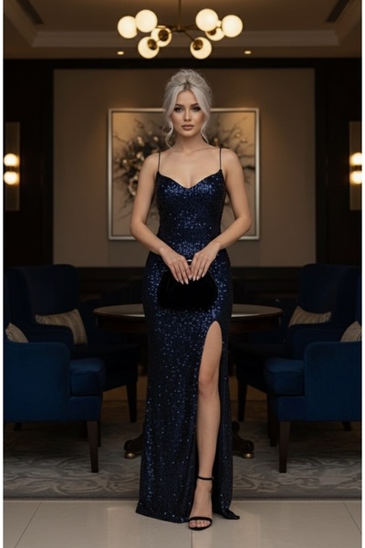 Bersi Butik Сукня з розрізом та оксамитовими паєтками