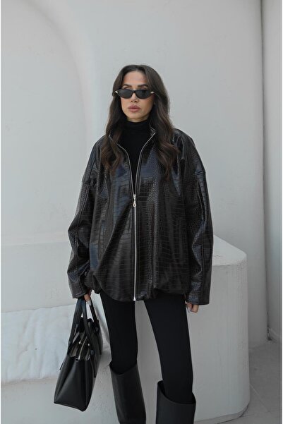 Havoş Δερμάτινο μπουφάν με μοτίβο κροκόδειλου σε καφέ χρώμα