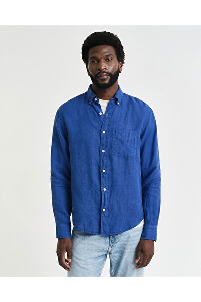 Gant Men's Navy Blue Regular Fit Button Collar Linen Shirt