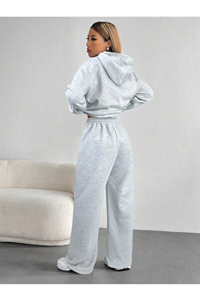 LEONE KOLEKSİYON Women's Gray Hooded Two Thread Suit – High Waist Comfortable Fit