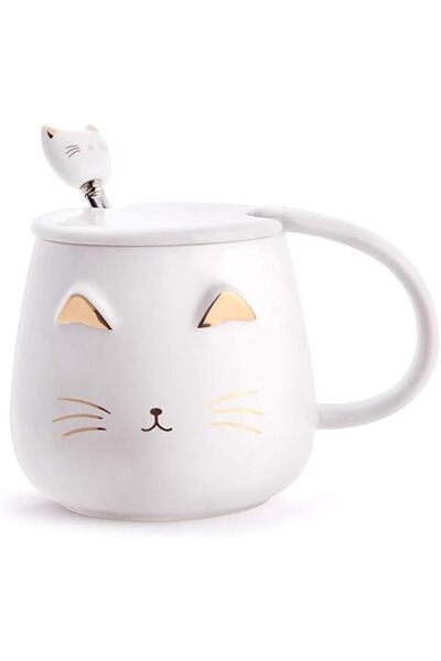 The Bros White Cat Mug Cute Kitty Ceramic Coffee Mug with Spoon for Cat Lovers