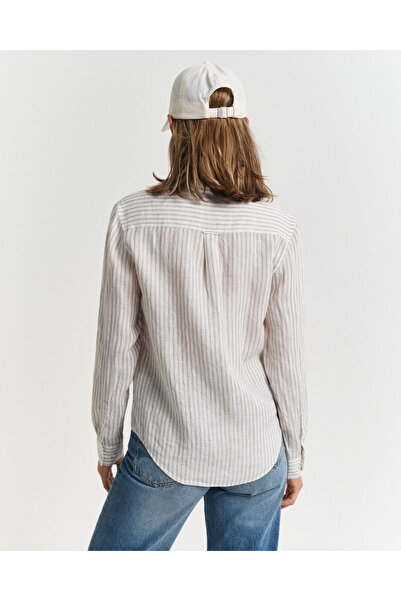 Gant Women's Beige Regular Fit Classic Collar Striped Linen Shirt