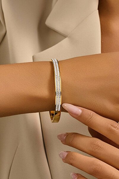FAYRA ACCESSORIES Zirkon Taşlı Altın Kaplama Kelepçe Bileklik