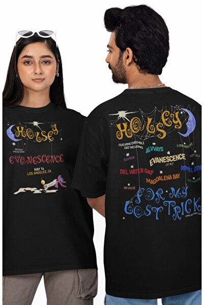 Fuddy Moda تي شيرت هالسي إيفانيسنس راك مطبوع للجنسين، تي شيرت قصة فضفاضة ذو طابع موسيقى الروك برقبة دائرية