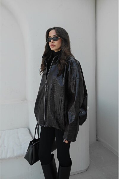 Havoş Δερμάτινο μπουφάν με μοτίβο κροκόδειλου σε καφέ χρώμα