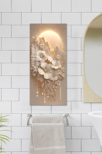 kutuTR Beyaz Çiçek ve Güneş Işığı Temalı Temperli Cam Dik Tablo 30x60 cm Ebad...