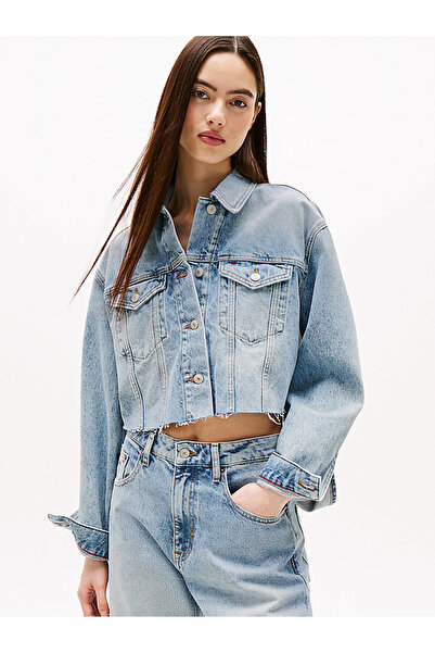 Tommy Hilfiger Kadın Tam Kalıp Sırtı Renk Bloklu Crop Kot Ceket - Açık Mavi