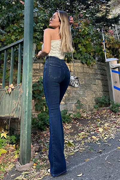 JILLY Candy Lacivert İspanyol Paça Pantolon Rahat Flare Jeans