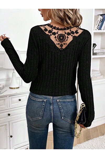 JANES Women's Long Sleeve V Neck Lace Detail Back Fleece-Lined Ribbed Knit Blouse